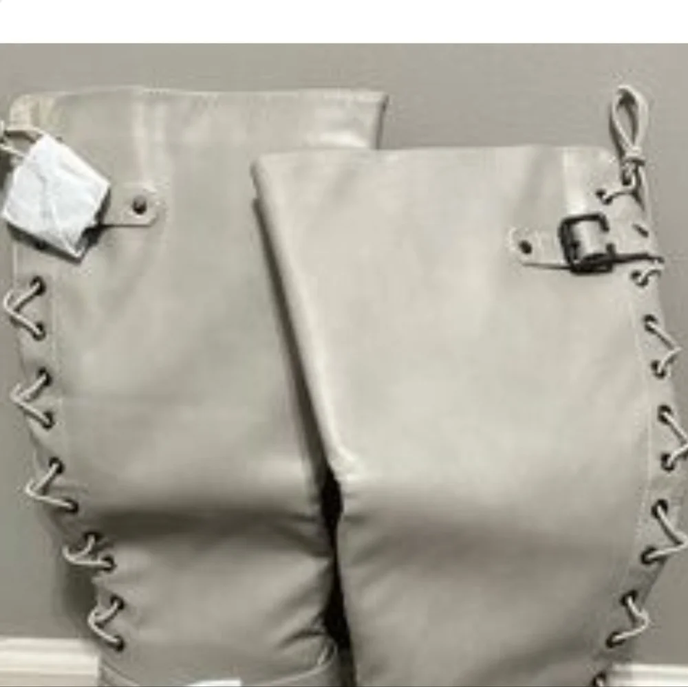 Wanted Lady Luck Over the Knee Boots in Cream Faux Leather Sz 6 New